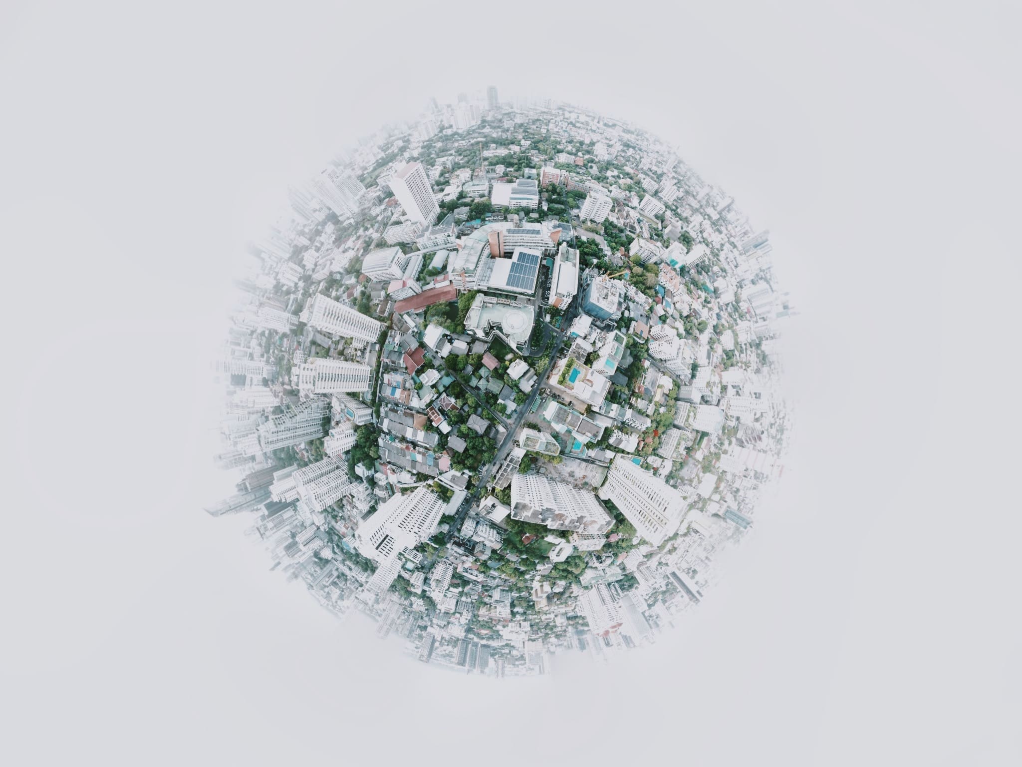 City with sphere shaped camera angle to represent a globe
